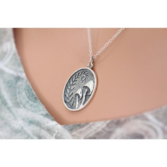 Sterling Silver Etched Mushrooms with Fern Charm Necklace - Picture 3 of 6